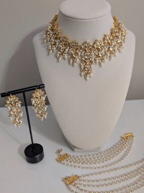 Gold and Pearl Statement Necklace Set with Matching Earrings